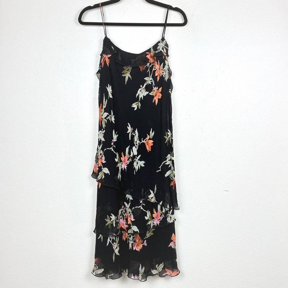 Vtg Y2K 90s Dress L Slip Midi Ruffle Fairy Grunge Whimsigoth Chiffon Party Black